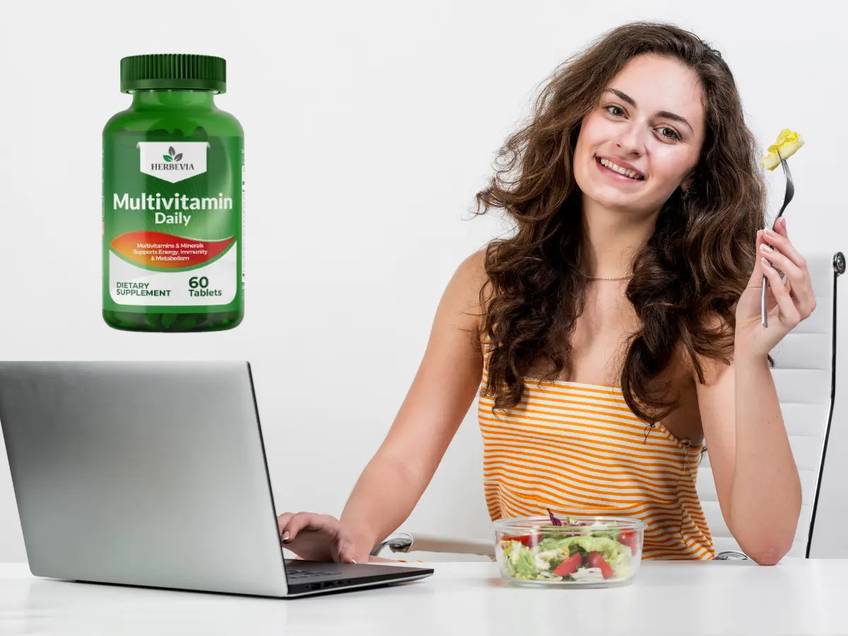 A girl is eating energy food in office